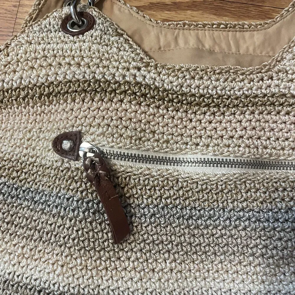 The Sak Indio Crochet Shoulder Bag Sand Stripe Woven Boho Tote Purse